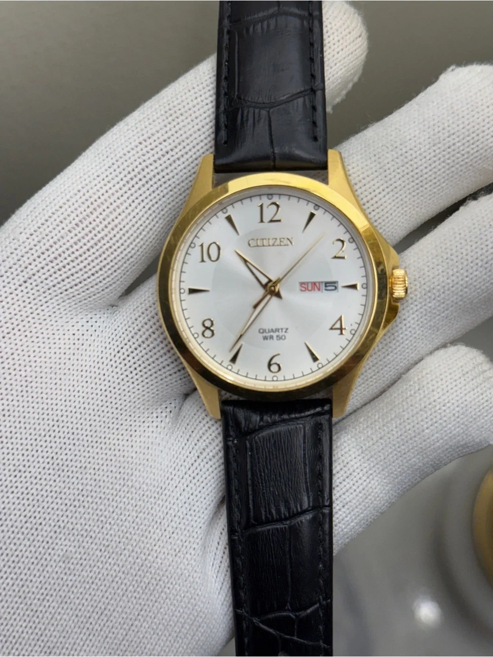 Citizen Classic Gold Case White Dial Watch with Black Leather Strap daydate mens